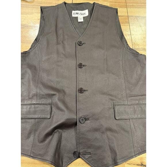 King Size Brand Mens Large Genuine Leather Brown Sleeveless Button Down Pockets - Picture 4 of 6